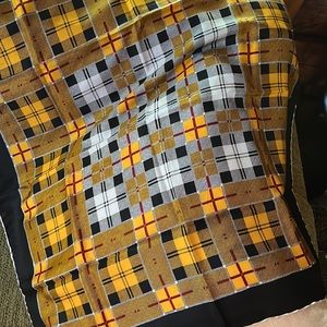 Silk square scarf red gold black white plaid hand rolled hem